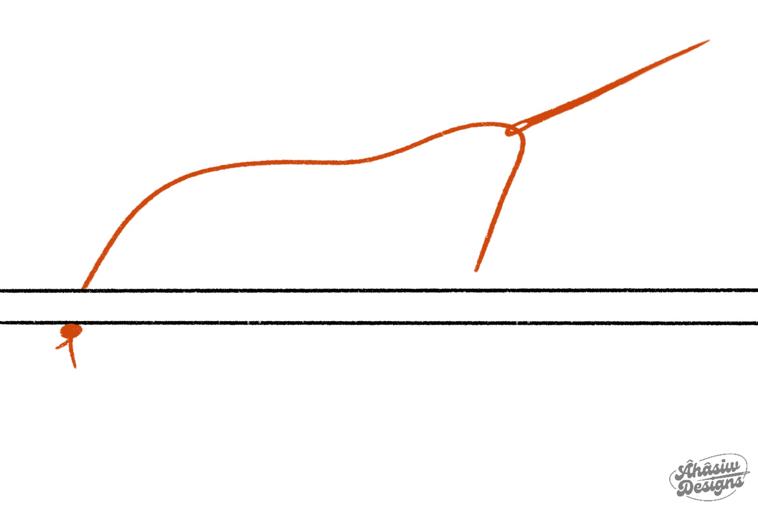 Illustration of needle going through stiff felt. There is a knot anchoring the thread to the felt.
